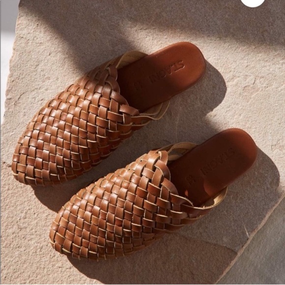 NWOB St. Agni Paris Leather Woven Almond Toe Slip-On Mules Vintage Tan Sz 36 5.5 - Picture 7 of 15